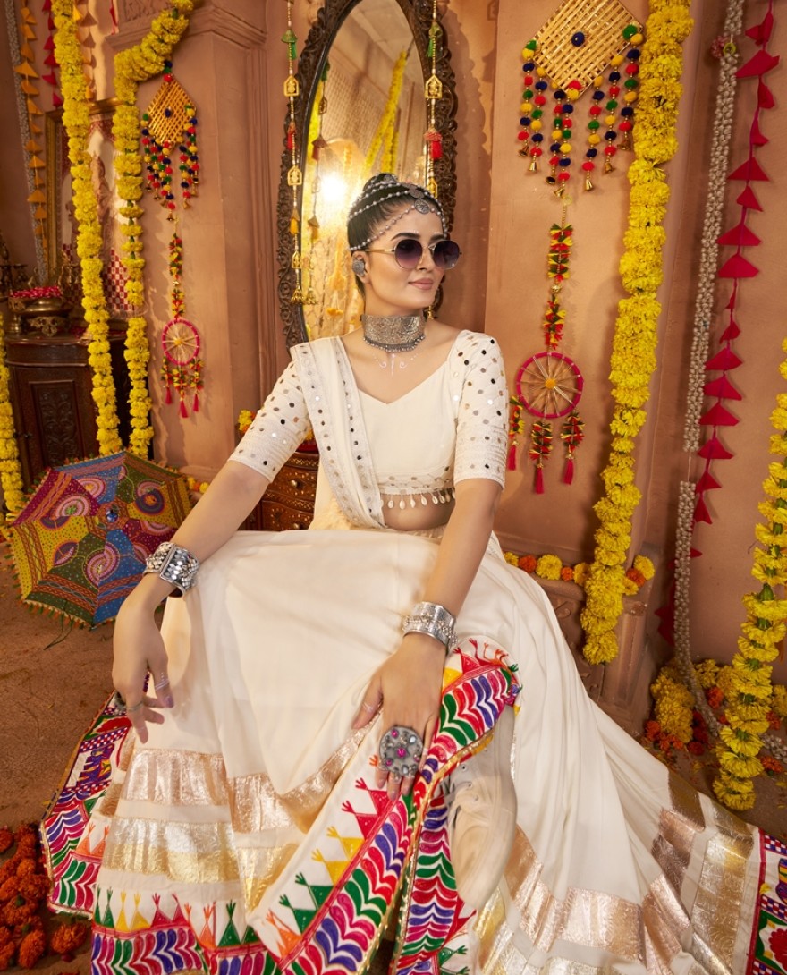 11003 - Sweet White Viscose Rayon Mirror Work Festival Wear Lehenga Choli